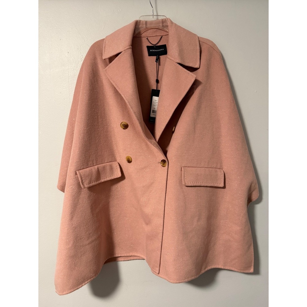BCBGMAXAZRIA Manchester Oversize Pink Sparkle Wool Blend Cape Coat Handmade XS/S
